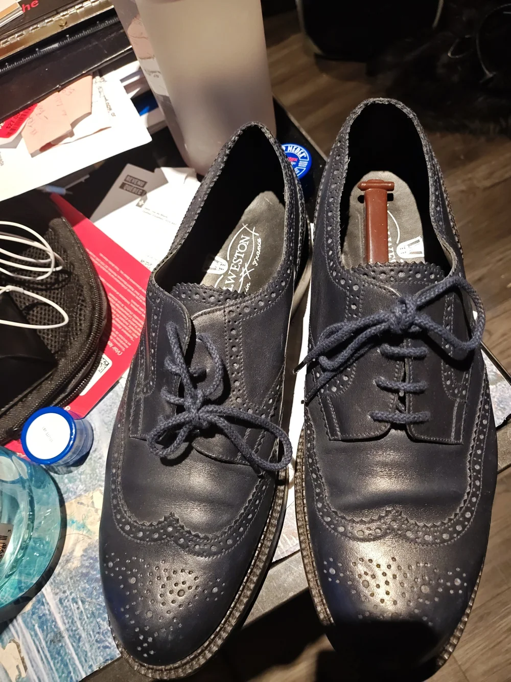 Men's Navy Leather Wingtip Derby Shoes - Classic Brogue Finish